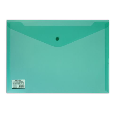 Папка-конверт с кнопкой BRAUBERG, А4, до 100 листов, прозрачная, зеленая, СВЕРХПРОЧНАЯ 0,18 мм, 224810